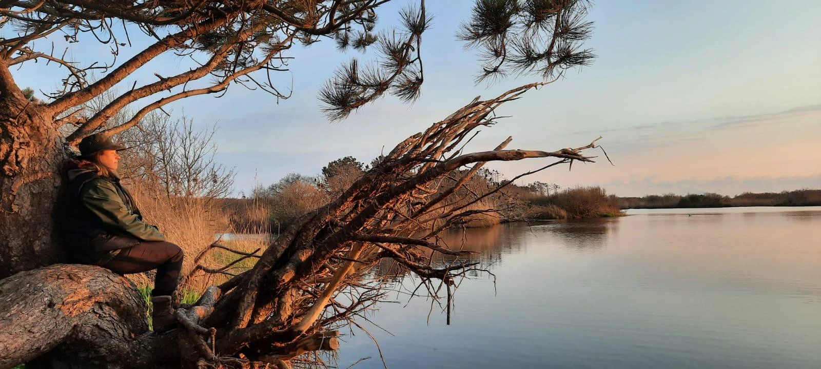 Een foto van een grote tak die over een meer heen hangt, terwijl de zon ondergaat. Links op de tak zit Mirjam.